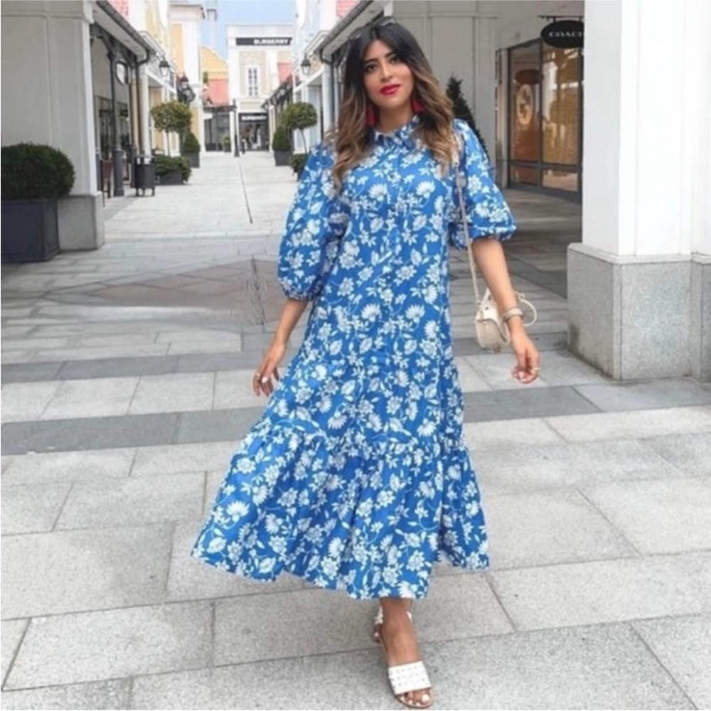 Zara Blue Floral Midi Dress Size Medium